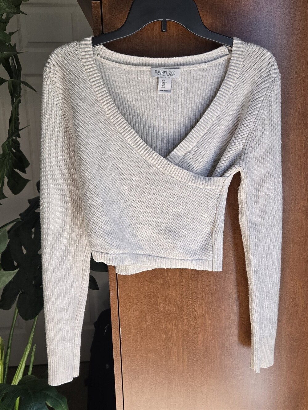 Rachel Zoe Cream And Sparkle Ribbed Knit Crop Sweater